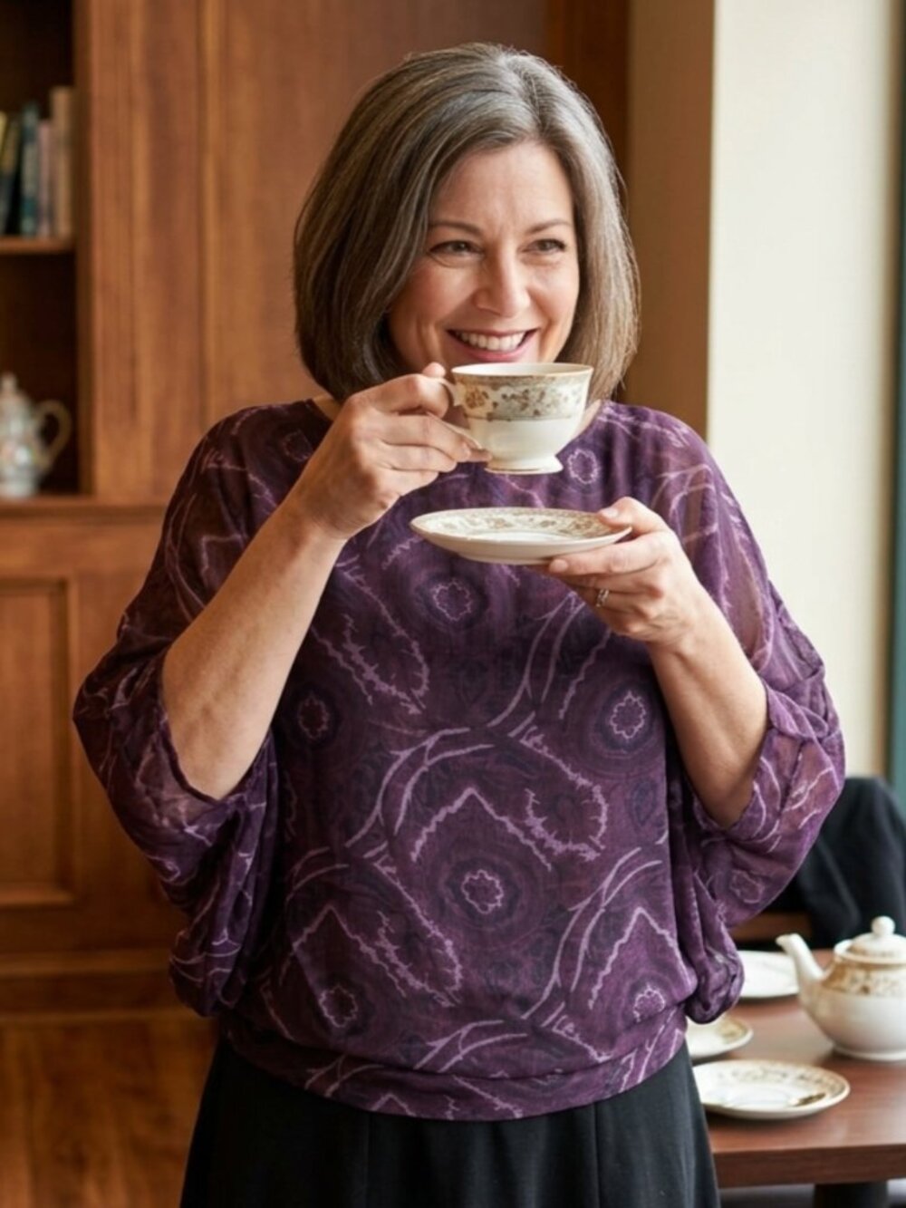 Angela Mara Aubergine Sheer 3/4 Sleeve Blouse